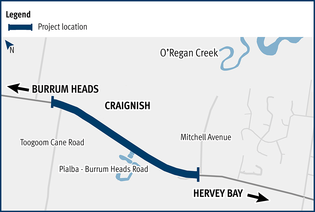 Pialba–Burrum Heads Road, O’Regan Creek, upgrade existing floodway project location map