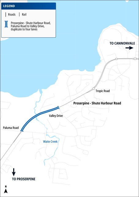Map of Proserpine – Shute Harbour Road, Paluma Road to Valley Drive, duplicate to four lanes.