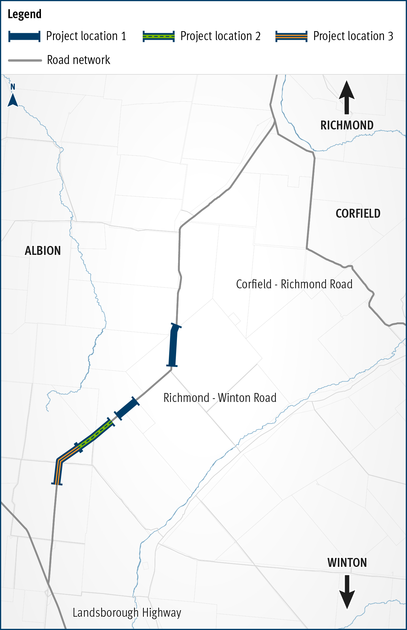 The map shows the locality of three separate projects on the Richmond-Winton Road delivered as part of a progressive approach to sealing this road. The road is located between Richmond and Winton in western Queensland, with the three projects closest to Winton. Project location 1 is shown by a solid blue line. Project location 2 is shown by a green line with a broken blue line in the centre. Project location 3 is shown by an orange line with a blue line in the centre. The surrounding road network, including the Landsborough Highway and local government owned Corfield-Richmond Road are also shown on the map.