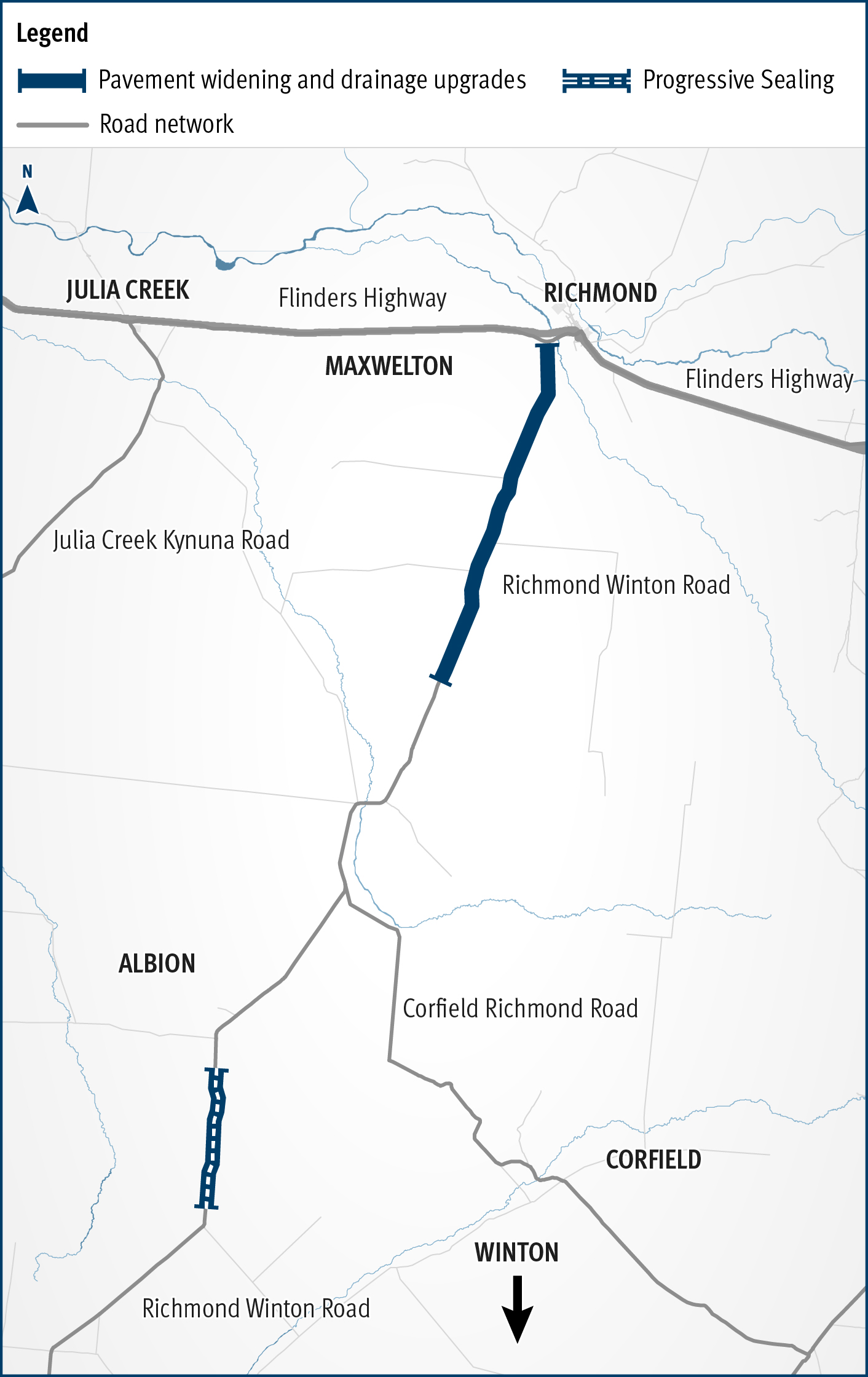 map showing the location of work to be completed on the Richmond - Winton Road, strengthen and widen pavement project.