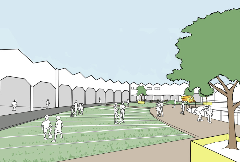 Artist's impression proposed rejuvenated Roundhouse showing internal sections like the multi-purpose lawn area and walkways
