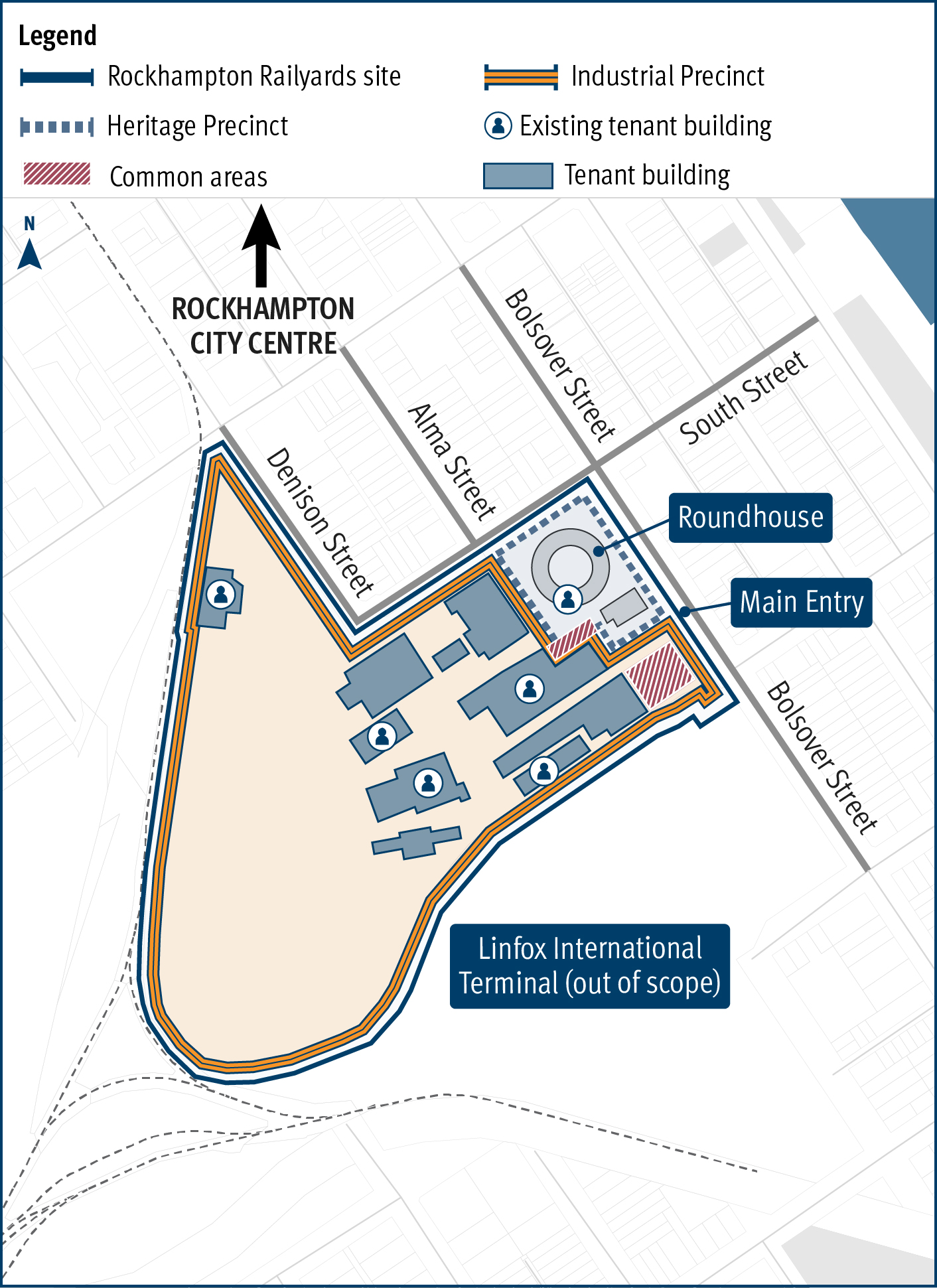 Site map of the Rockhampton Railyards on the corner of Bolsover and South streets. The map is showing two precincts – the larger precinct is shown as the Industrial Precinct and the smaller precinct which includes the Roundhouse is shown as the Heritage Precinct. 