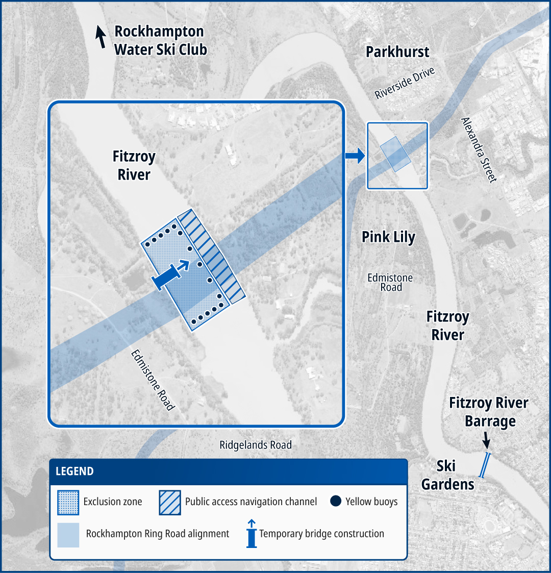 Map showing the freshwater section of the Fitzroy River upstream of the barrage and highlighting the 250m exclusion zone to all river traffic between Pink Lily and Parkhurst.