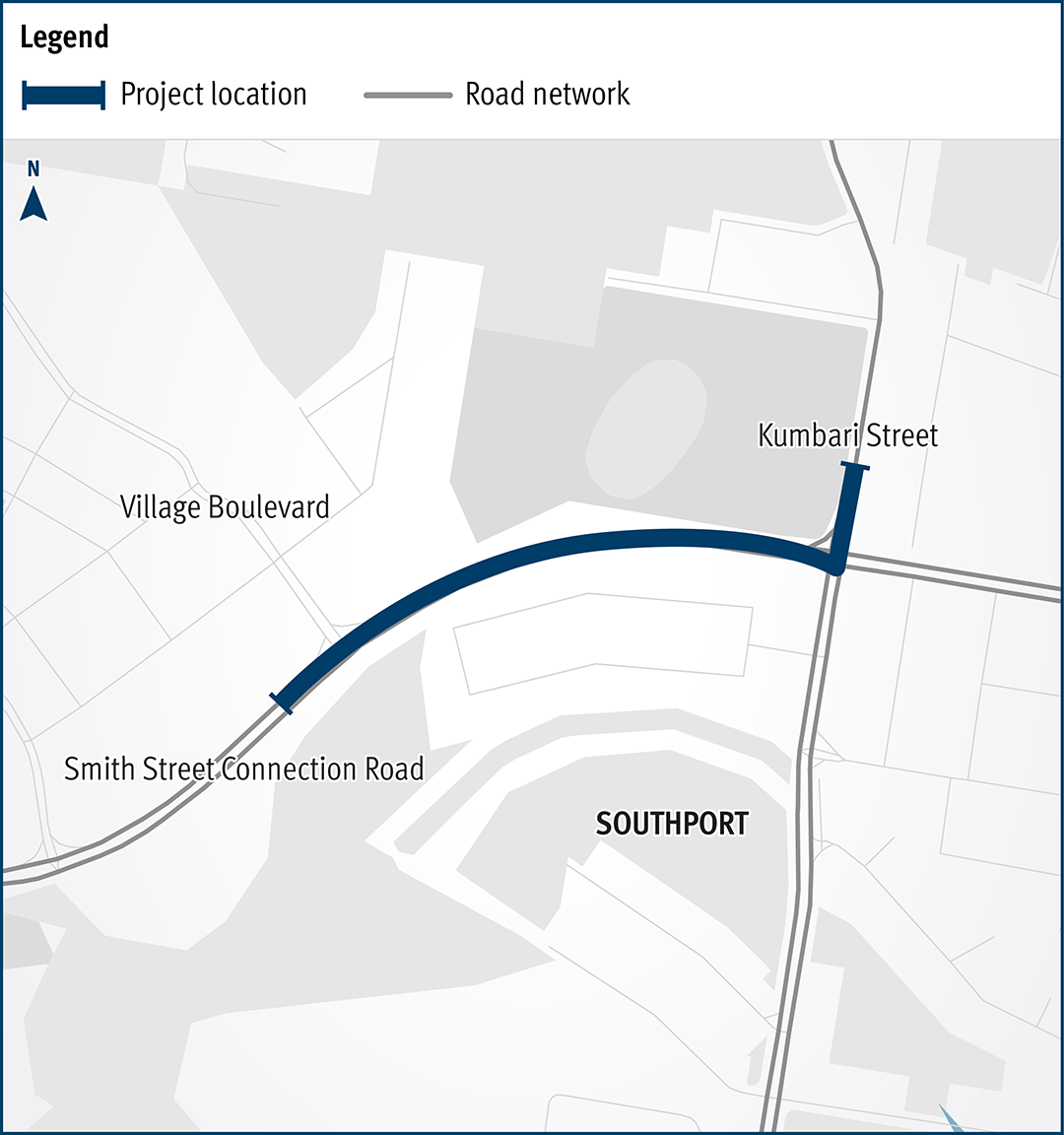The map shows the locality of the proposed Smith Street Connection Road, Olsen Avenue to Kumbari Avenue, construct cycleway works. Kumbari Avenue is located to the north of the project location in Southport. A solid dark blue line indicates the project extent, which encompasses Smith Street Connection Road west of the intersection and Kumbari Avenue, which is located north and south of the intersection. Village Boulevard is also highlighted on the map, west of the project location.