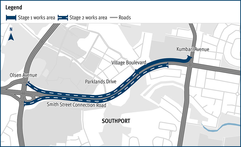 The map shows the locality of the proposed Smith Street Connection Road, Olsen Avenue to Kumbari Avenue, construct cycleway works. Kumbari Avenue is located to the north of the project location in Southport. A solid dark blue line indicates the project extent, which encompasses Smith Street Connection Road west of the intersection and Kumbari Avenue, which is located north and south of the intersection. Village Boulevard is also highlighted on the map, west of the project location.