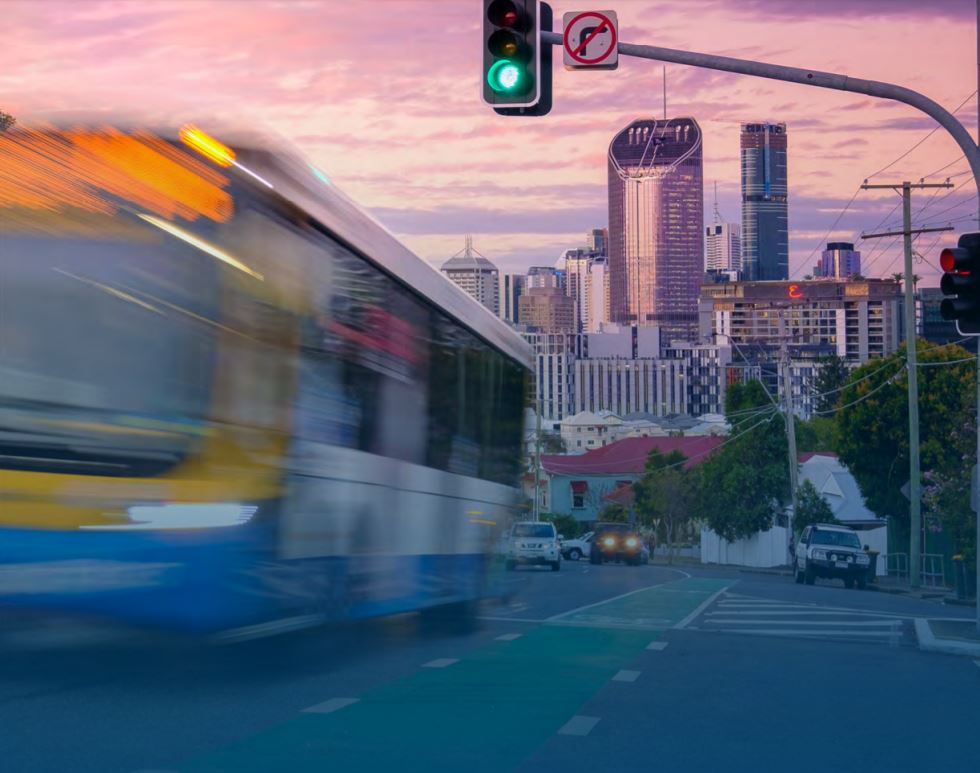 South Brisbane multi modal study image of bus Image of a Brisbane City Council bus moving through an intersection