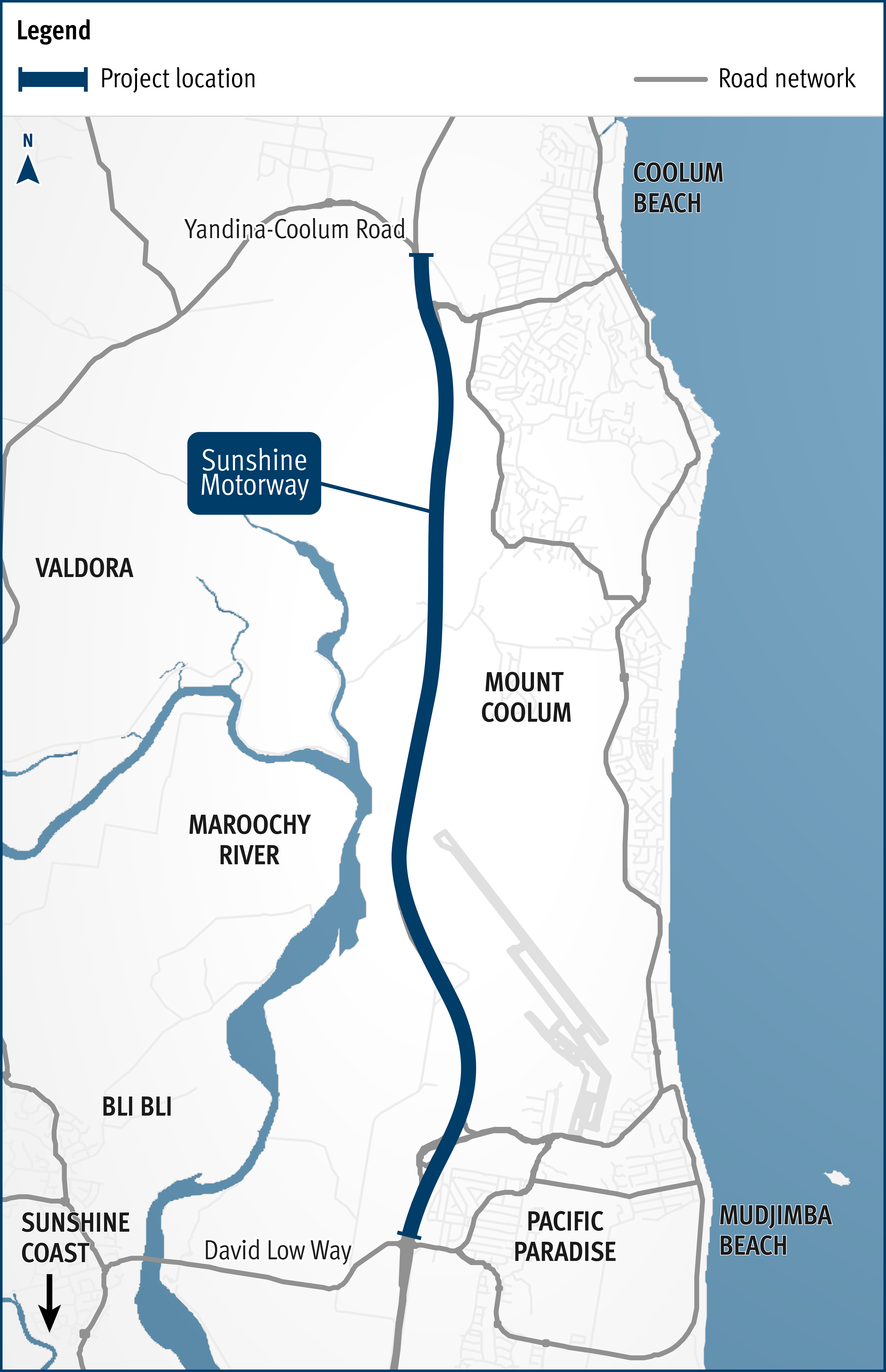 Map showing the location of Mooloolaba Peregian David Low Way to Yandina Coolum Road duplication business case project