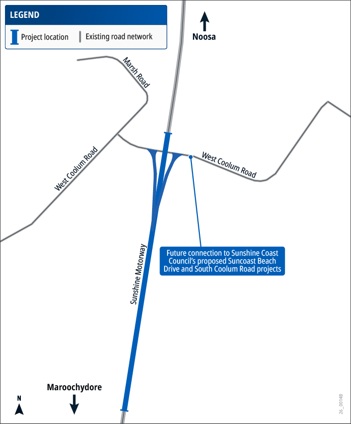 Map of area being investigated for future south-facing ramps on the Sunshine Motorway at Mount Coolum. Includes future connection to Sunshine Coast Council’s proposed South Coolum Road Link project.