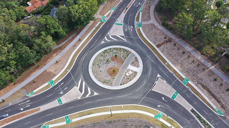 The roundabout at the intersection of Cooroy-Noosa Road and Beckmans Road which was completed in December 2022 as Stage 1 of the Tewantin Bypass.
