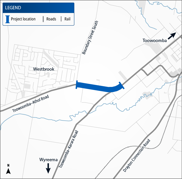Map of the project area on Toowoomba–Athol Road (locally known as Anzac Avenue) between and including the Toowoomba–Karara Road (locally known as Wyreema Road) and Boundary Street South intersections.