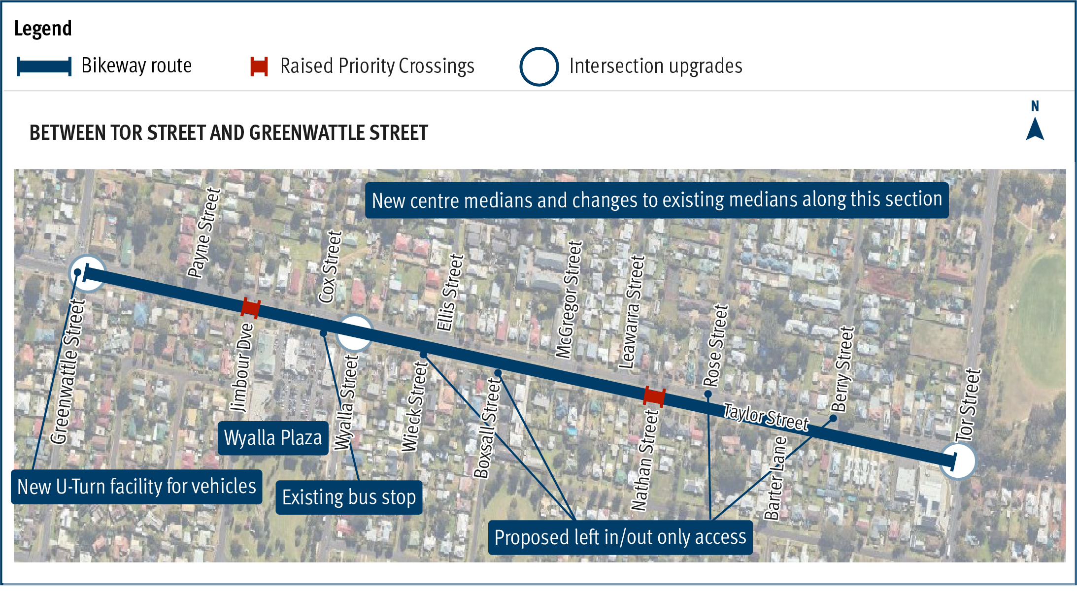 Map displaying lines between Tor Street and Greenwattle Street. New centre medians and changes to existing medians are indicated with red sections. The map shows a New U-tern facility for vehicles at Greenwattle Street, with proposed left in/out only access at Wieck Street, Boxsall Street, Rose Street and Berry Street.