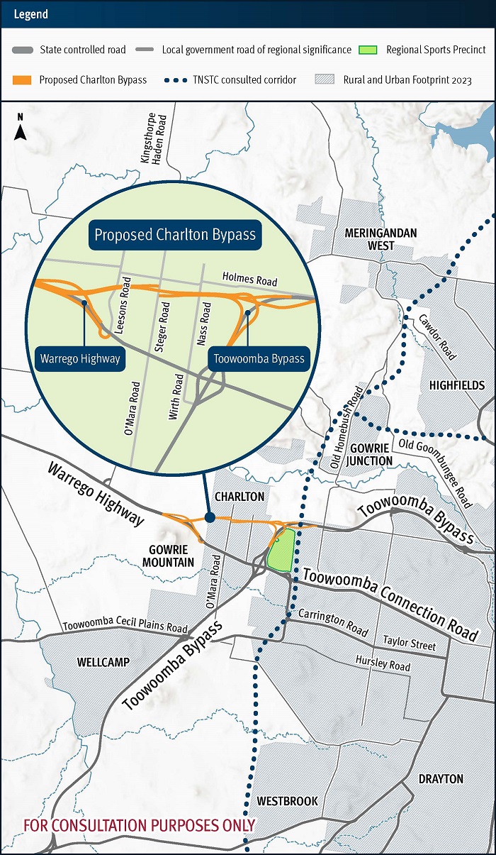 Detailed map for proposed corridor for Toowoomba North South Corridor indicating proposed major and minor intersections, the corridor, koala habitat, significant cultural heritage, regional plan areas