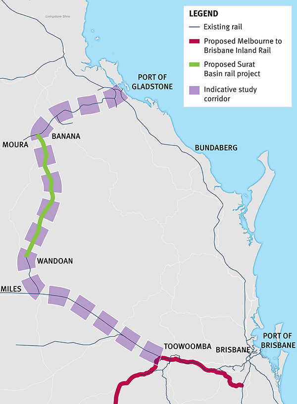 Thumbnail image showing map of project area for proposed extension for Inland Rail from Toowoomba to Gladstone