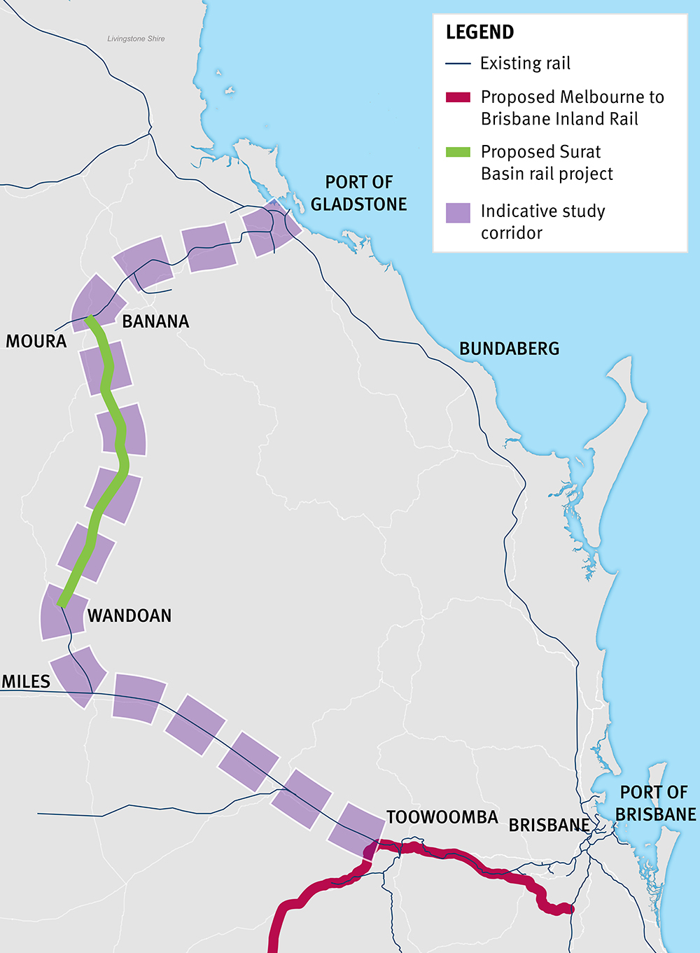 Map showing area for Inland Rail extension project: Toowoomba to Gladstone