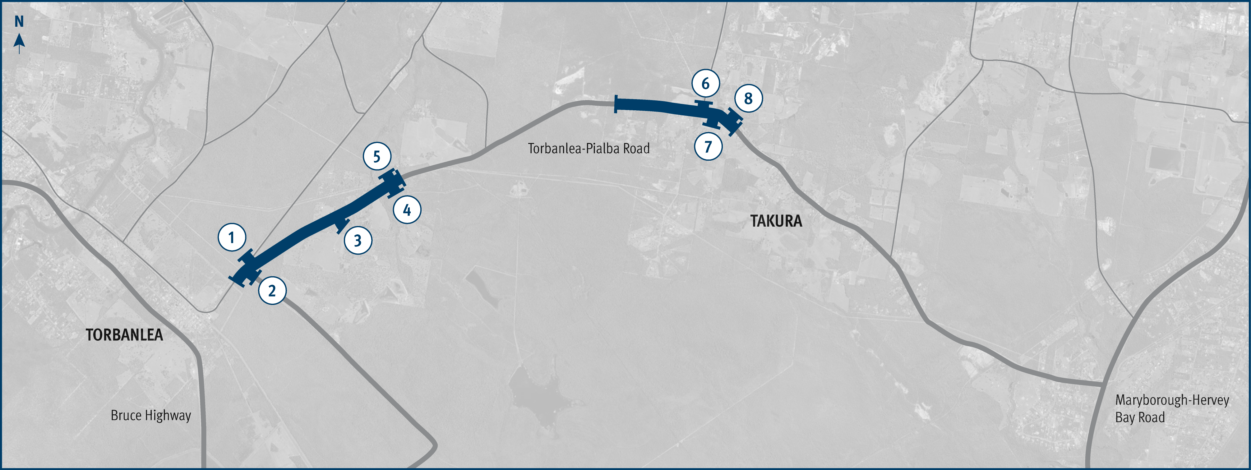 map with numbers indicating location of work.  1.	Old Toogoom Road intersection 2.	Churchill Mine Road intersection 3.	Antill Road intersection 4.	Grabbes Road intersection 5.	Gear Road intersection 6.	Toogoom Cane Road intersection 7.	Sanctuary Hills Road intersection 8.	Simmos Road intersection.