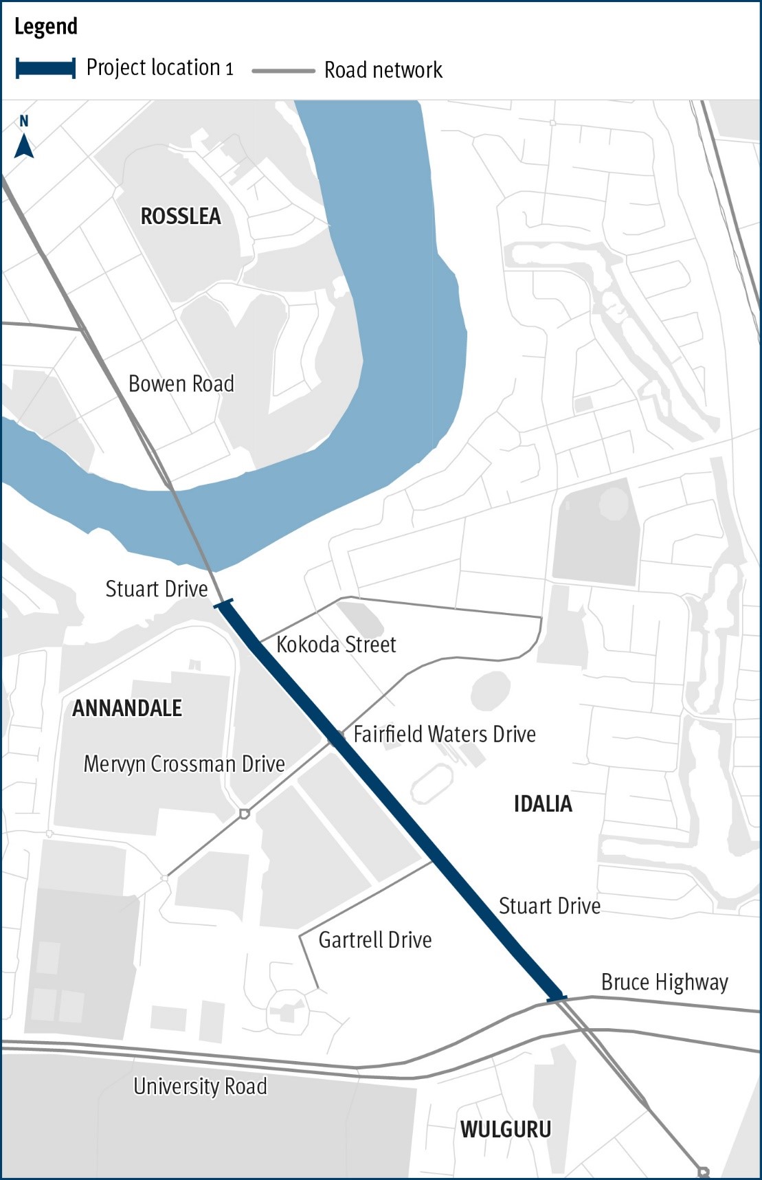 Townsville Connection Road (Idalia), University Road to Bowen Road Bridge, improve safety project map