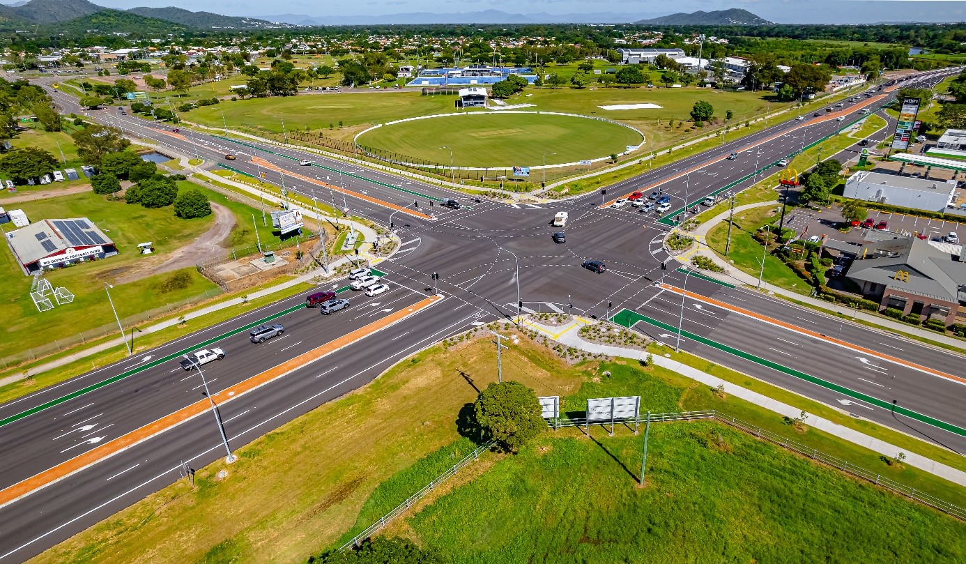 Aerial view of the Townsville Connection Road (Stuart Drive), Mervyn Crossman Drive and Fairfield Waters Drive constructed intersection.