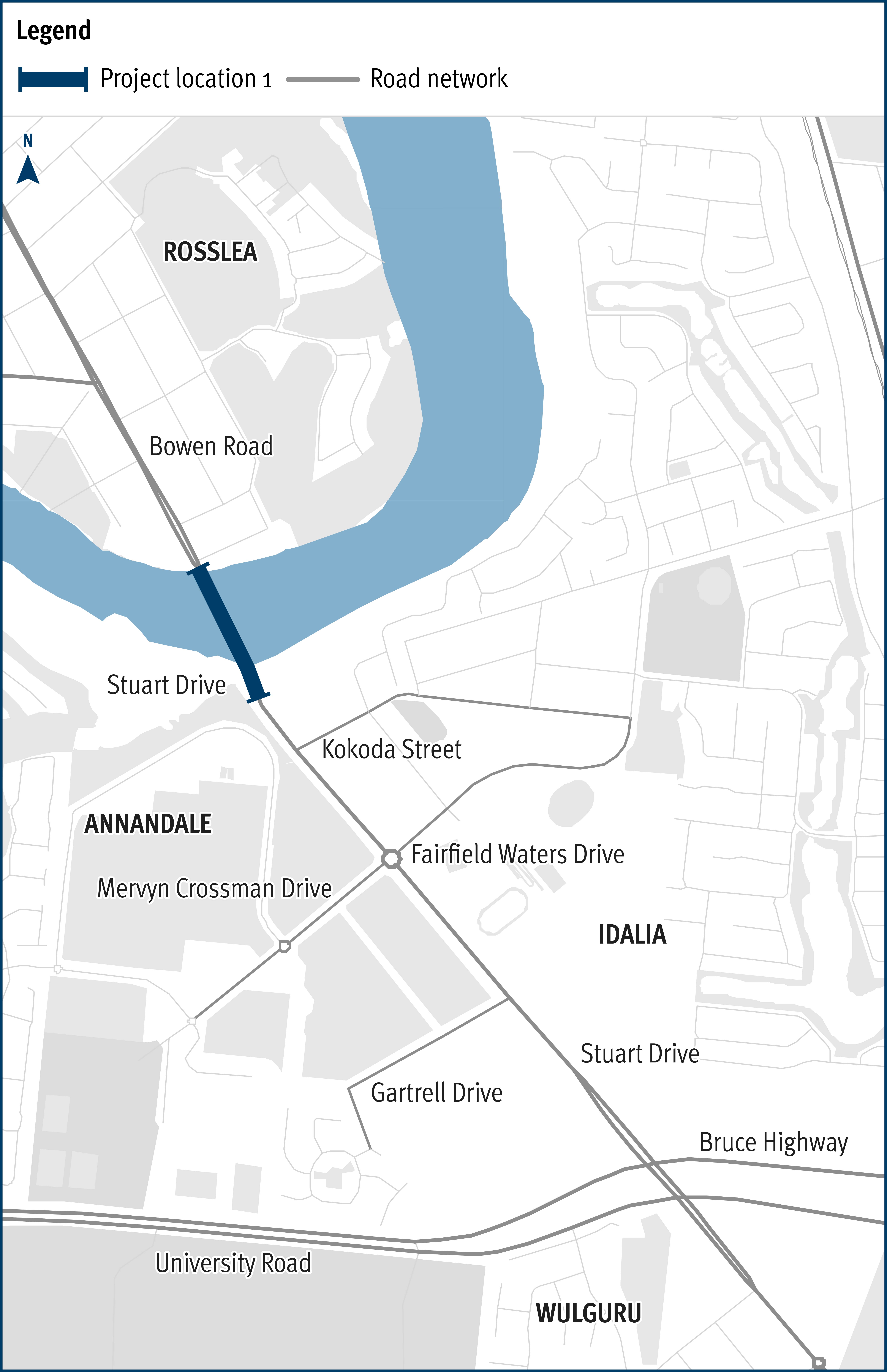 The map shows the locality of the existing and future Bowen Road Bridge, over the Ross River, from the southern approach through Stuart Drive north through to Bowen Road, through the Townsville suburbs of Wulguru, Idalia, Annandale and Rosslea. A grey line indicates the Bruce Highway and University Road, which is bisected by Stuart Drive and the intersections of Gartrell Drive, Mervyn Crossman Drive/Fairfield Waters Drive and Kokoda Street. A solid dark blue line indicates the project area of the Bowen Road Bridge, over the river, shaded light blue.