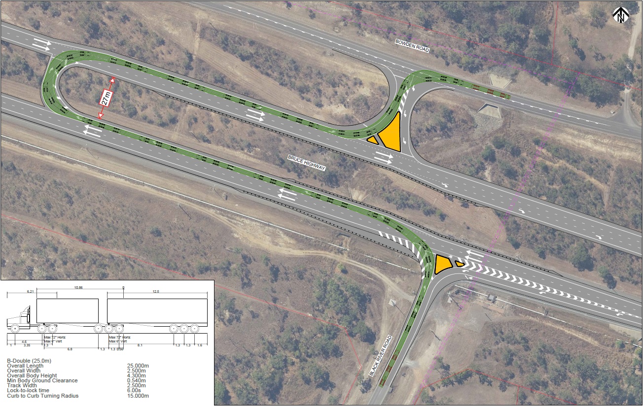 Heavy vehicle u-turn facility for access from Black River Road to Bowden Road, on the Bruce Highway