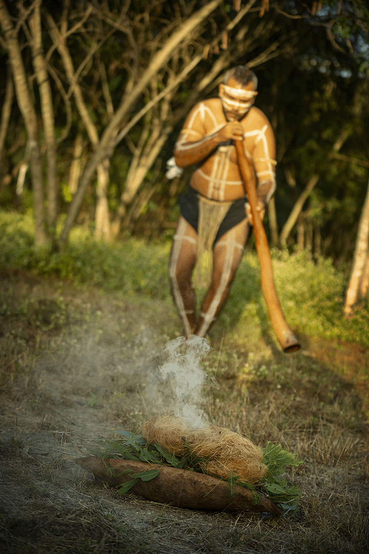 Smoking ceremony, photo shows smoke emerging from traditional grasses and fodder in the foreground and an Aboriginal man with didgeridoo in the background