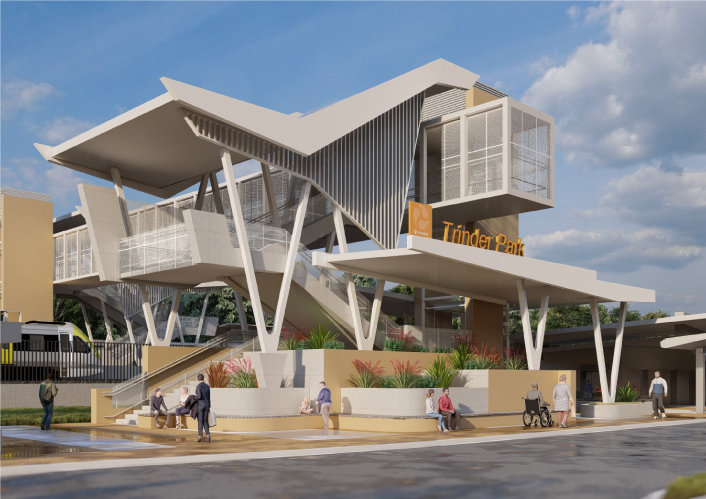 Artist impression of proposed new Trinder Park station with the Translink logo and Trinder Park sign on the front. Image is looking from Alexander Street with people out the front of the new station building and a train pulled up at a platform.