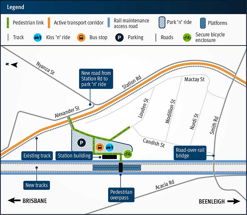 Graphic map of the new Trinder Park station, showing surrounding streets - Station Road, Alexander Street, Nyanza Street, Acacia Road. Key features include new tracks, pedestrian link, rail maintenance access road, new road over rail bridge, existing curved section of track, secure bike enclosure, bus stop, kiss 'n' ride and park 'n' ride.