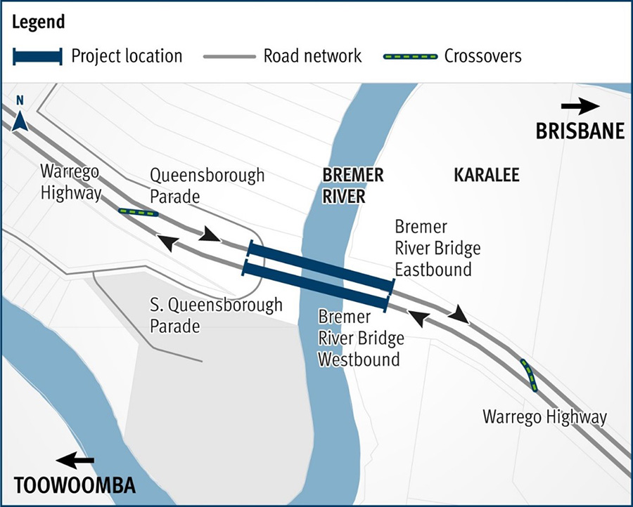 River Bridge Map Warrego Highway (Ipswich - Toowoomba), Bremer River Bridge ...