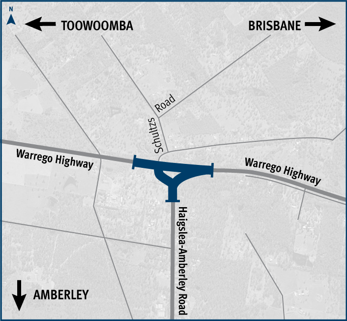 Overview map of Warrego Highway Ipswich Toowoomba and Haigslea Amberley Road intersection