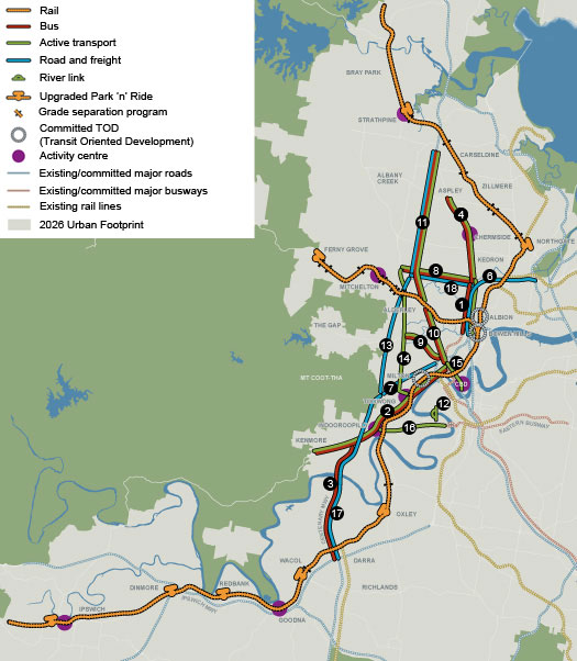 Map of the projects outlined in the Western Brisbane Transport Natwork Strategy