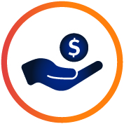 Icon of a hand holding a circle with a dollar sign on it, with a circle around the hand and coin