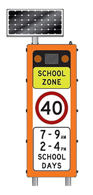 Flashing school zone sign with solar panel attached