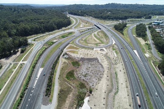 Aerial view of the Sunshine Coast Motorway interchange.