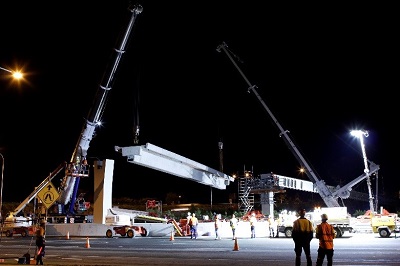 Night shot of construction of the Moggill Road Cycle Bridge