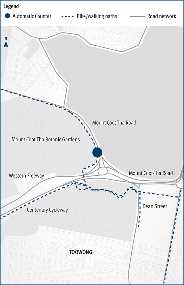 Map of location for the automatic counter trial along the Centenary Cycleway in Toowong 