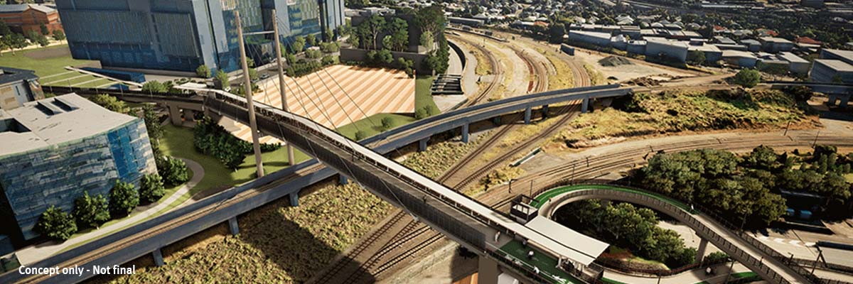 A computer-generated aerial view of a site with rail lines at ground level and an overpass, with a bridge passing across and an overpass looping to the side showing pedestrians and bike riders. Small text in the bottom left corner says, "Concept only - Not final".