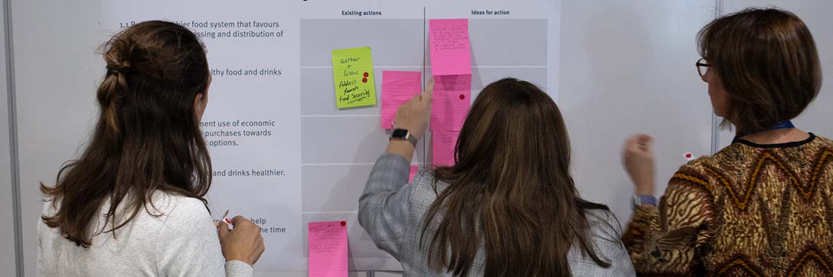 3 people stand looking at a poster with a number of sticky notes on it placed under the headings "existing actions" and "ideas for action".