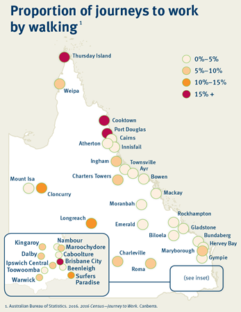 This map shows the proportion of journeys to work by walking in major Queensland cities