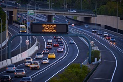 Variable message sign in an overhead gantry along a motorway
