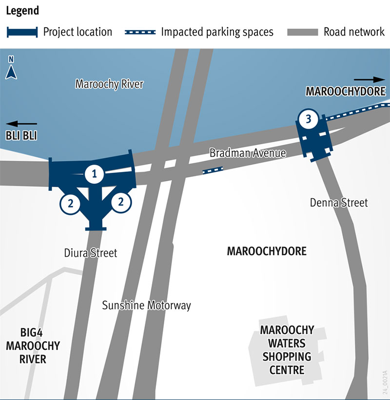 Map showing Bradman Avenue and the intersection of this and Diura Street. Also shows the intersection of Bradman Avenue and Denna Street. The map shows directional arrows to North, Maroochydore and Bli Bli as well as the Sunshine Motorway, Big 4 Maroochy River and Maroochy Waters Shopping Centre.