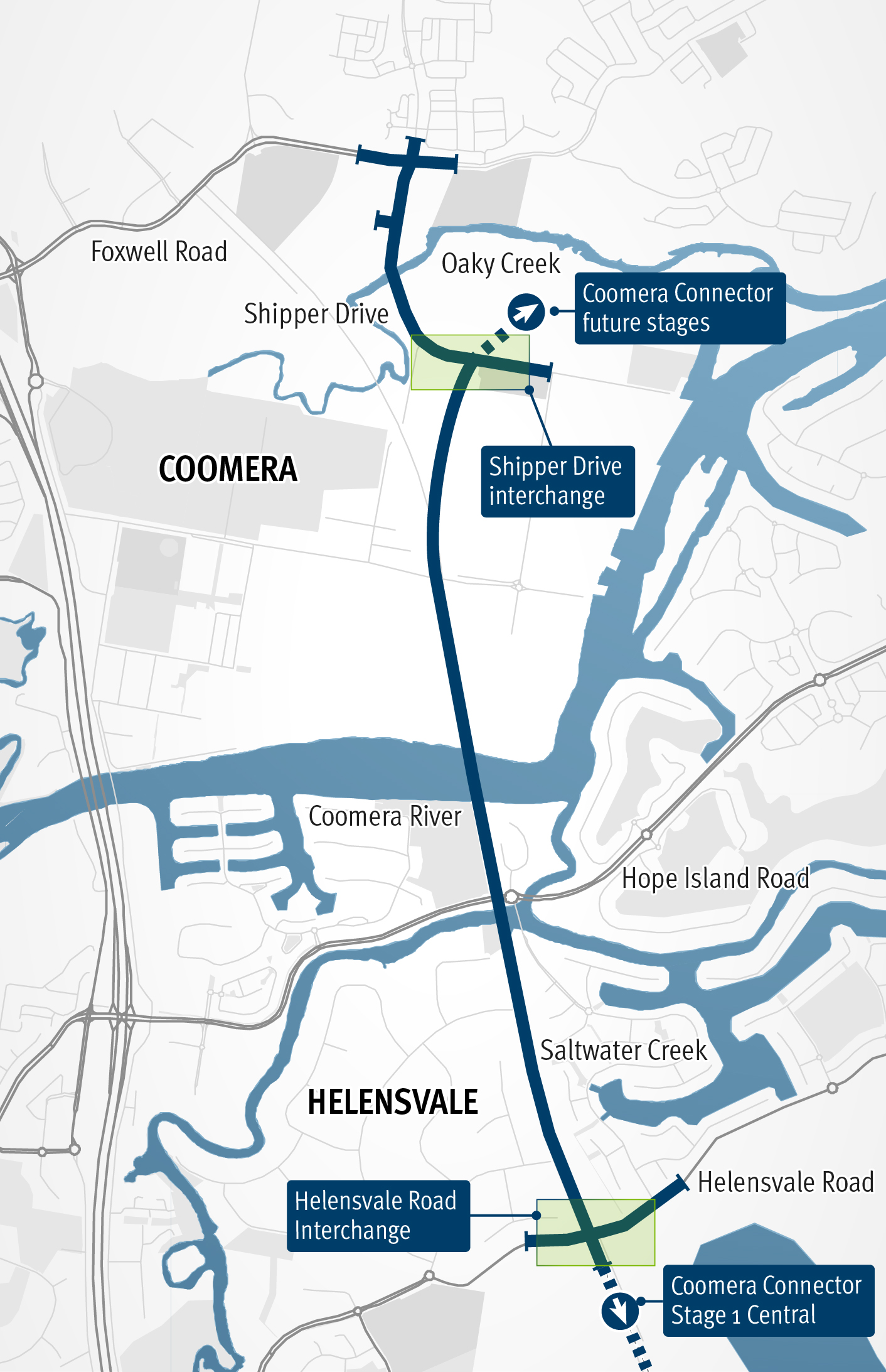 Project location map shows that the Coomera Connector stage 1 will start at Helensvale road and end at Shipper drive. 