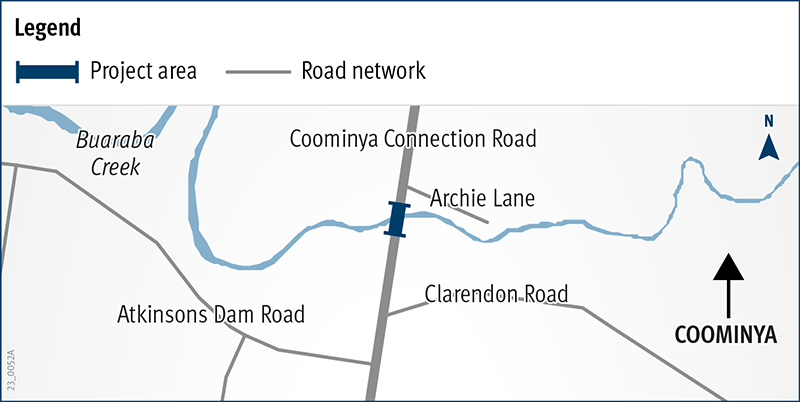 Map showing location for Buaraba Creek timber bridge, replacing Neithe Bridge, over Buaraba Creek, located on Coominya Connection Road, approximately 4km south of Coominya.